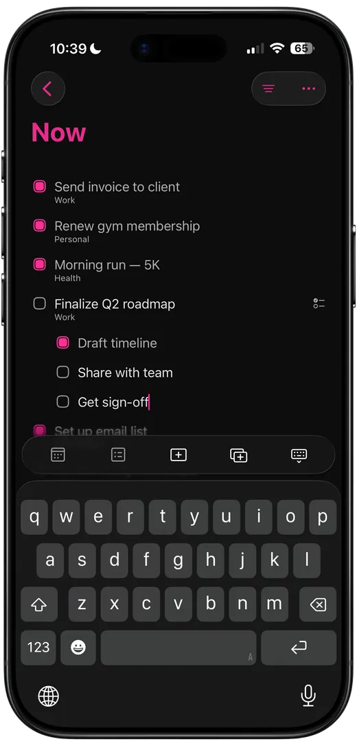 One-tap task capture with keyboard