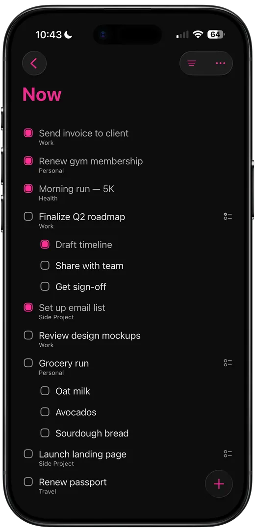 Now view showing today’s focused tasks
