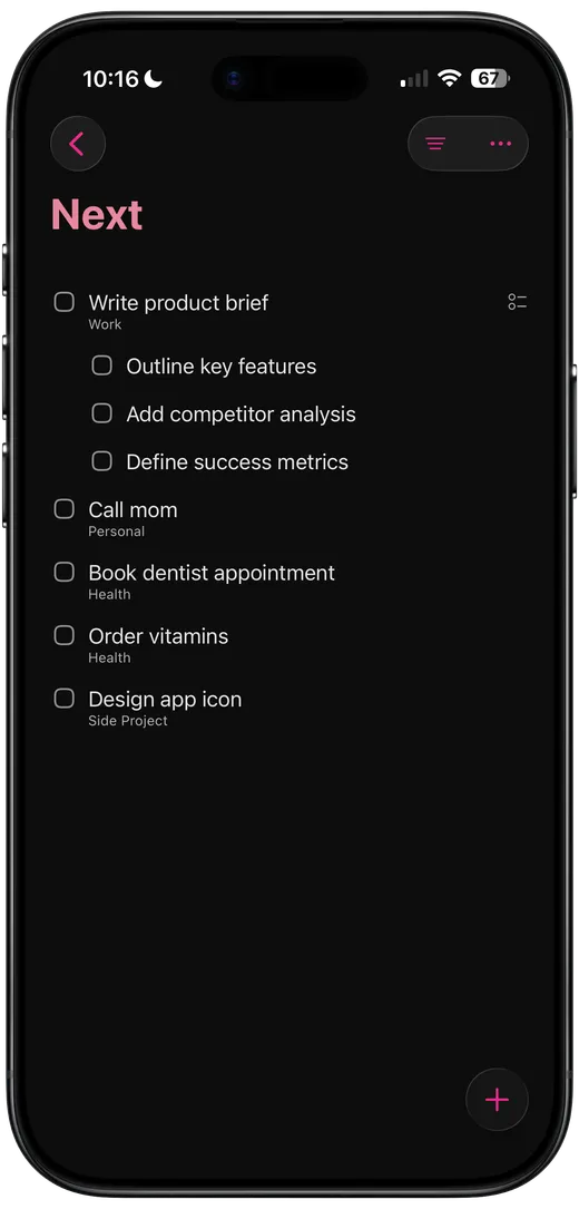 Next view showing upcoming tasks